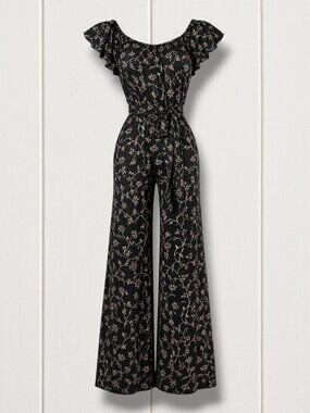 Amuse Society Wildflower Floral Drawstring Off Shoulder Jumpsuit Small